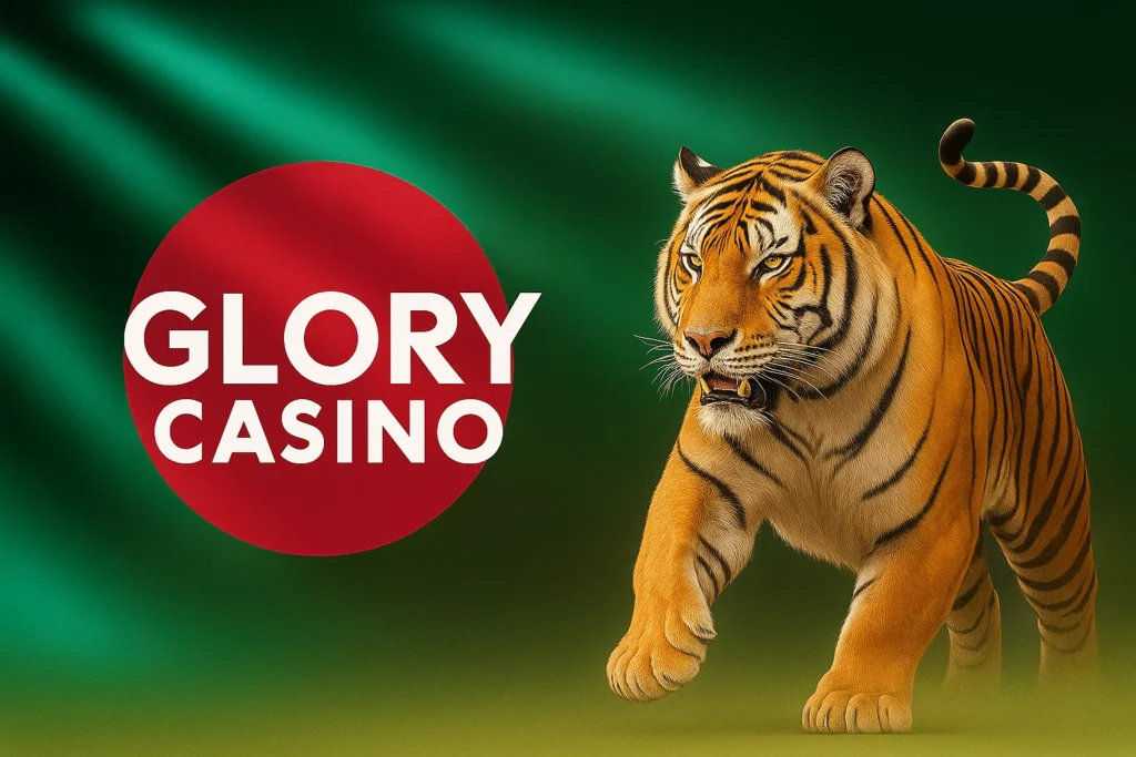 Glory Casino Bangladesh logo with a Bengal tiger on a green background symbolizing power and excitement in online gaming
