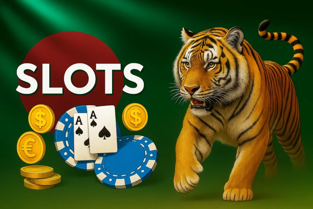 Bengal tiger next to casino chips, playing cards, and coins with the word SLOTS representing Glory Casino Bangladesh slot games